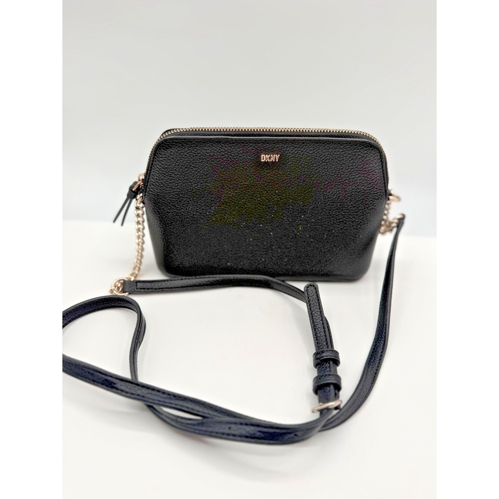 DKNY 9x6x2 Inch Black Polyurethane Satchel Shoulder Bag Gold Chain Accents NWOT
